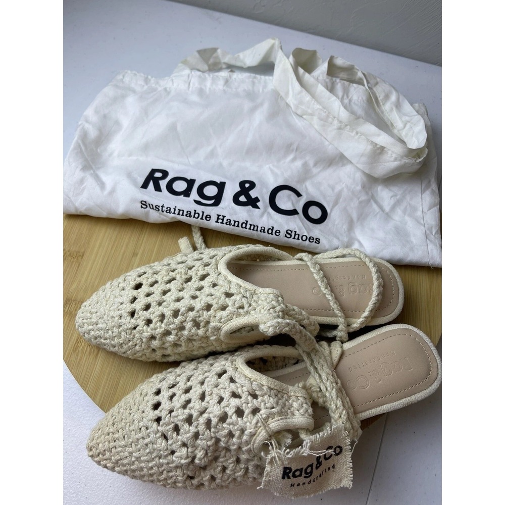 Rag & Co Crochet Mules Women Size 5 Beige Lace Up Pointed Toe Flats